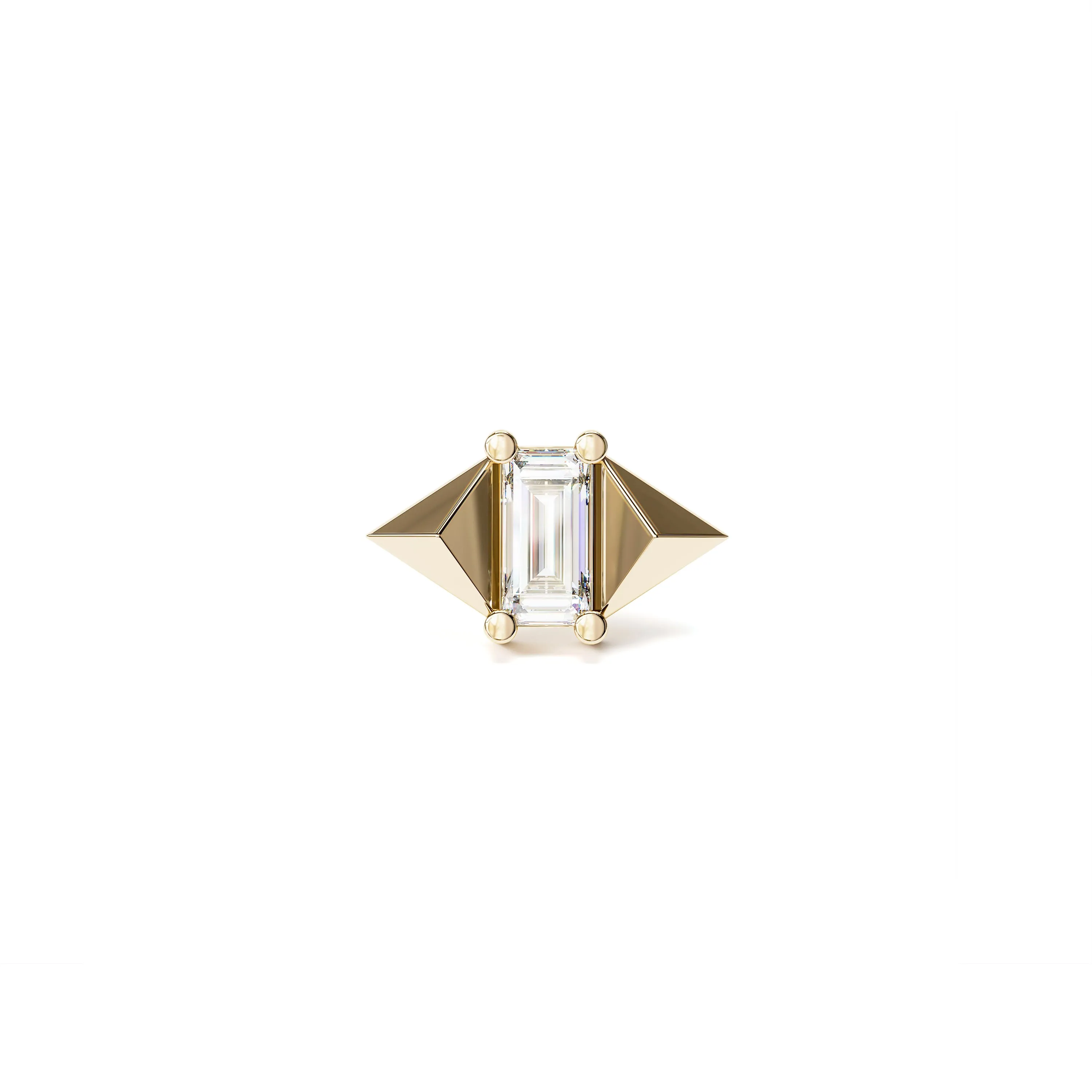 14K Gold Baguette Diamond Pyramid Stud