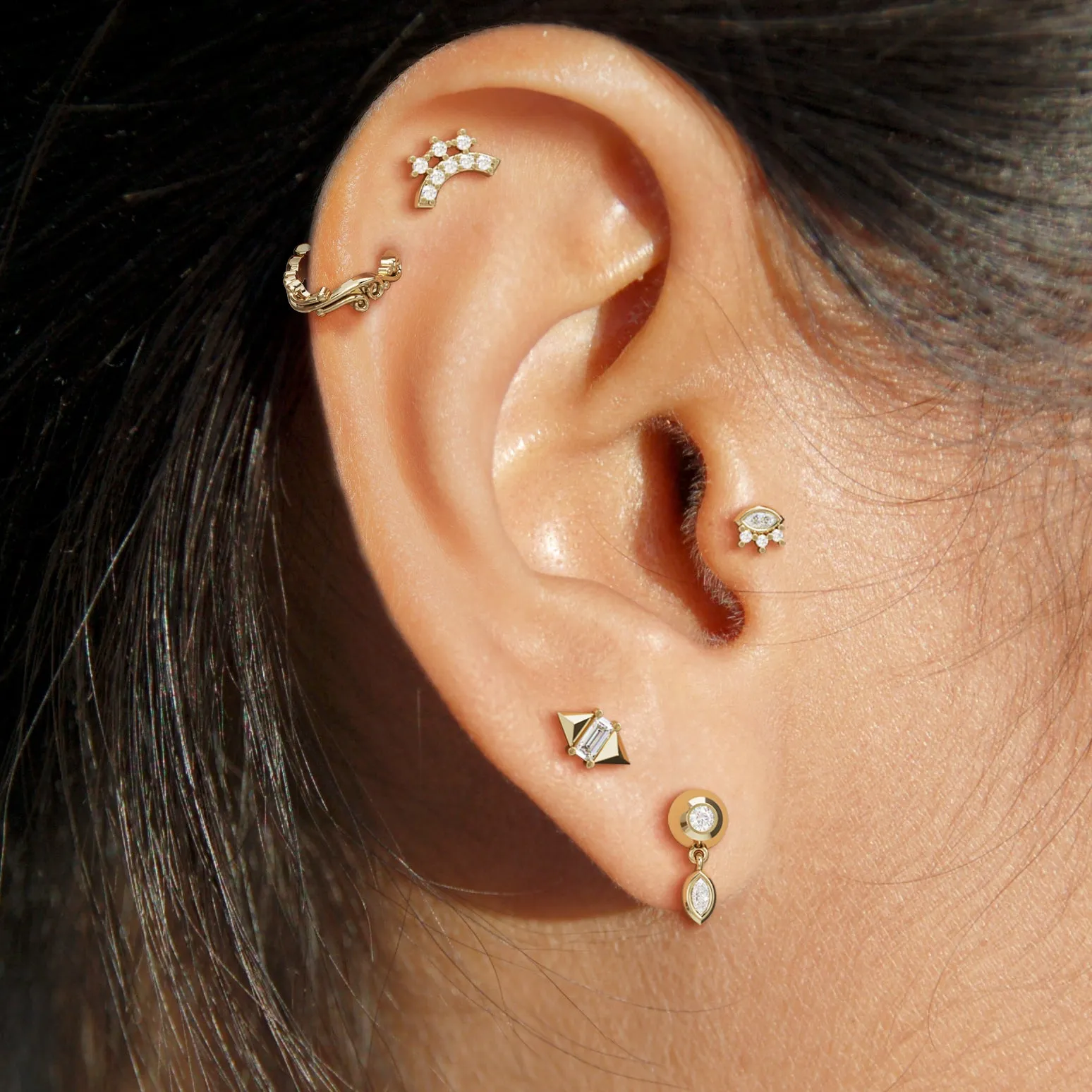 14K Gold Diamond Curved Stud