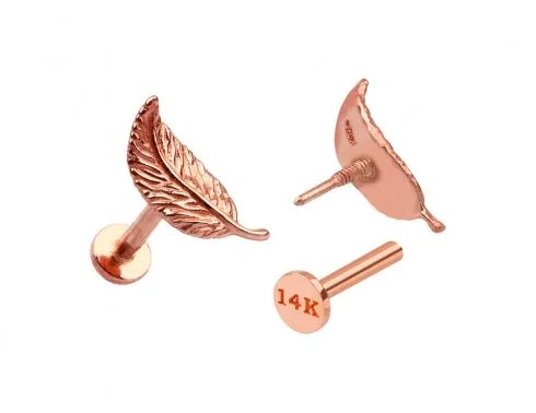 14k Gold Leaf Feather Wing Internally Threaded Flat Back Earring Labret Piercing