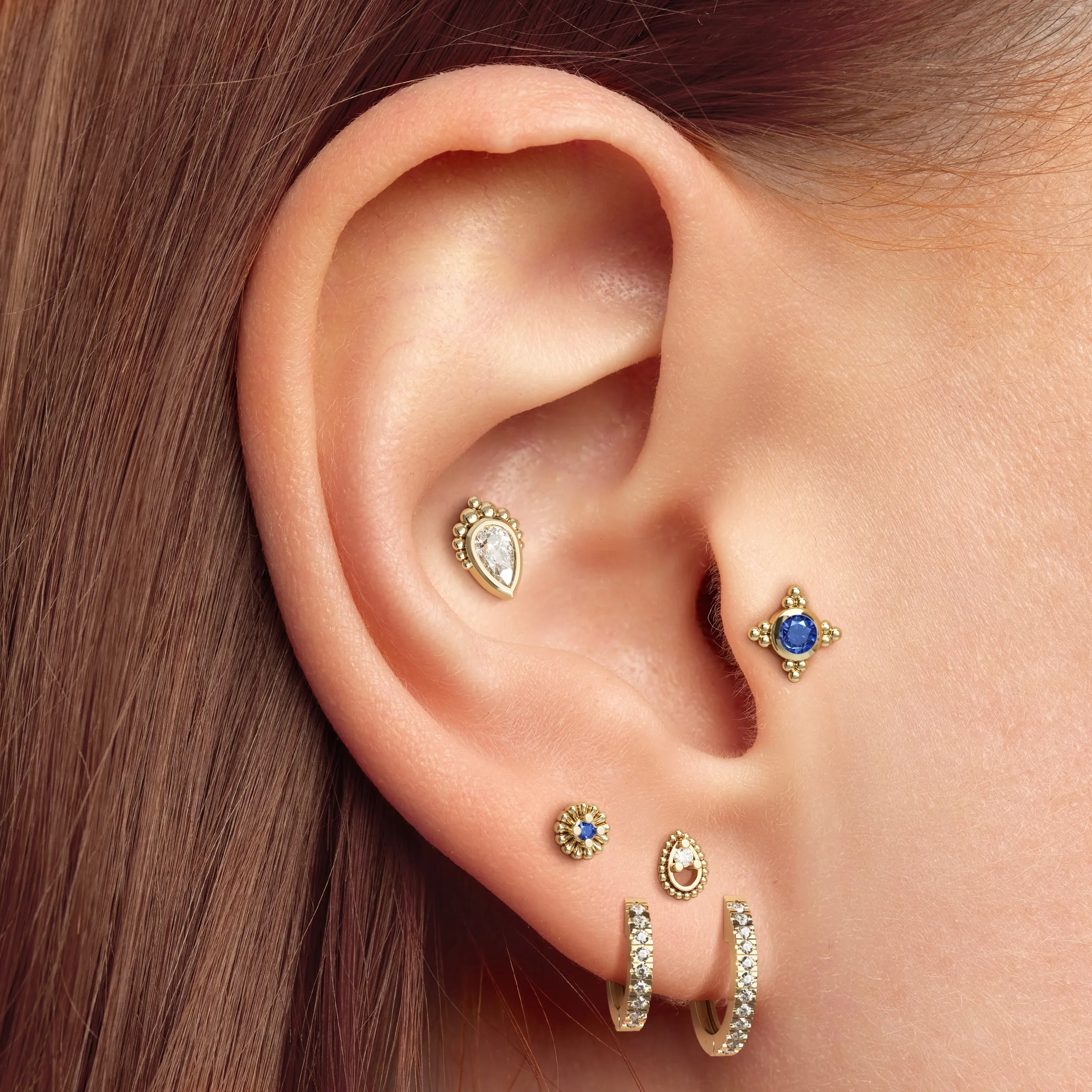 14K Gold Sapphire Abstract Floral Stud