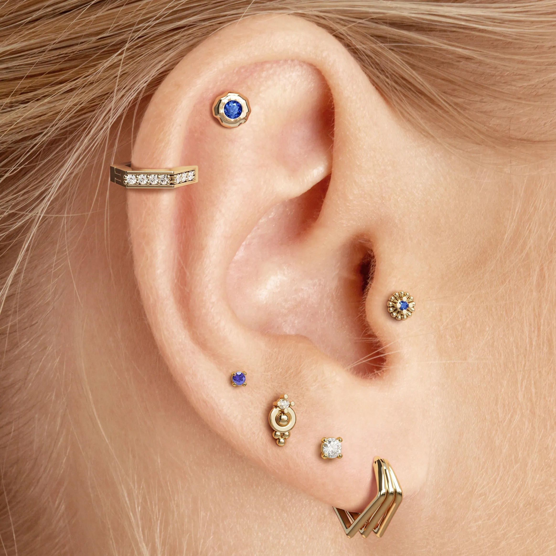 14K Gold Sapphire Abstract Floral Stud