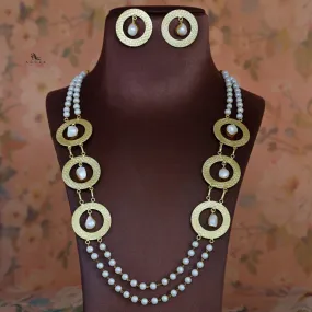 Abayana Golden Pearl Long Neckpiece With Earring