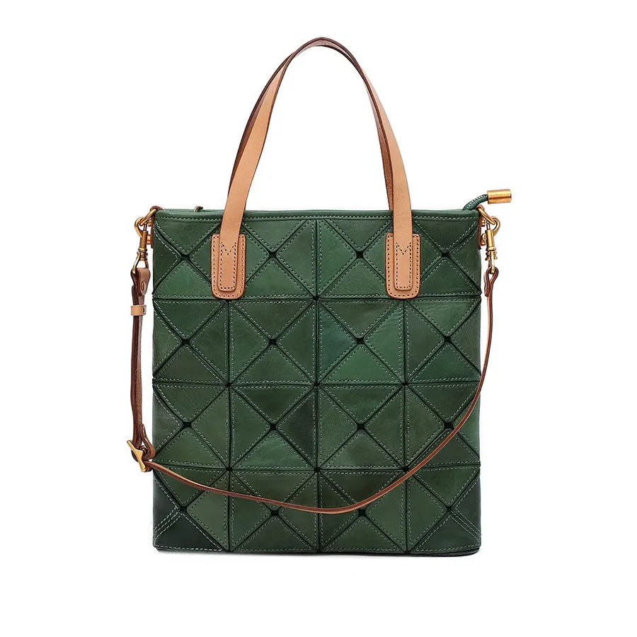 Argyle Splicing Vegetable-Tanned Leather Bag,Top Grain Leather Tote Crossbody Bag For Women