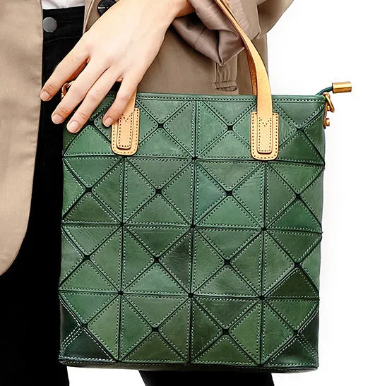 Argyle Splicing Vegetable-Tanned Leather Bag,Top Grain Leather Tote Crossbody Bag For Women