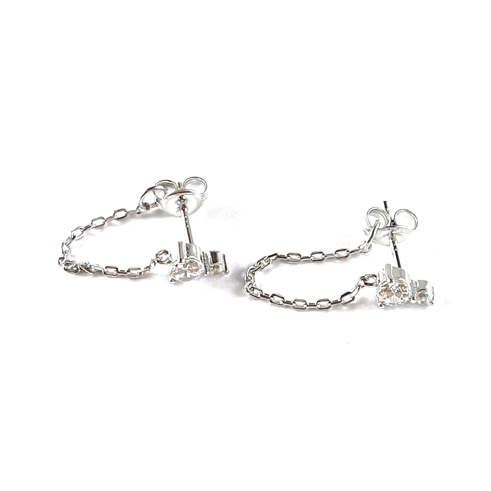 Big & small stone with chain silver studs earring