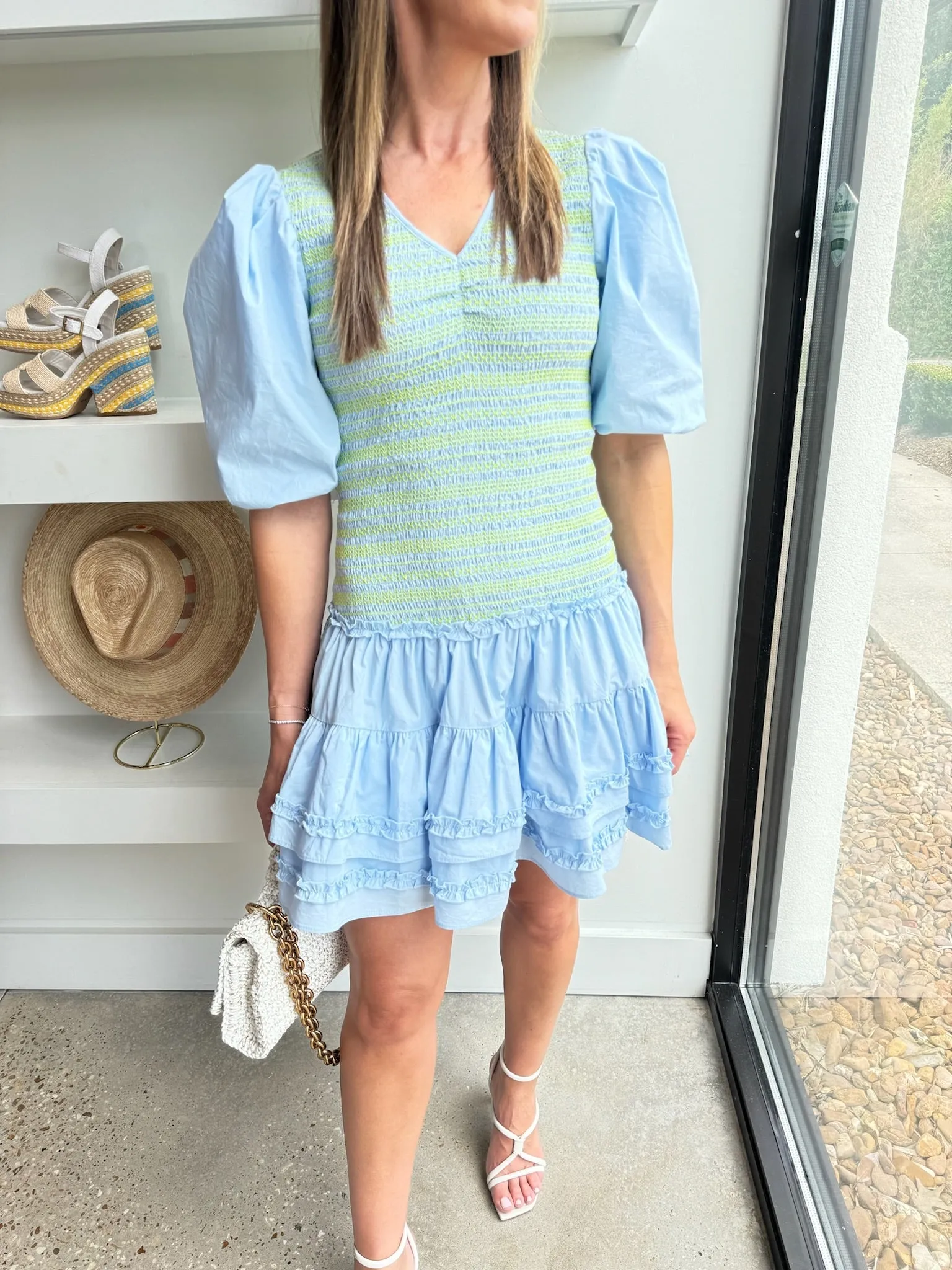 Blue Poplin Smocked Stitch Dress