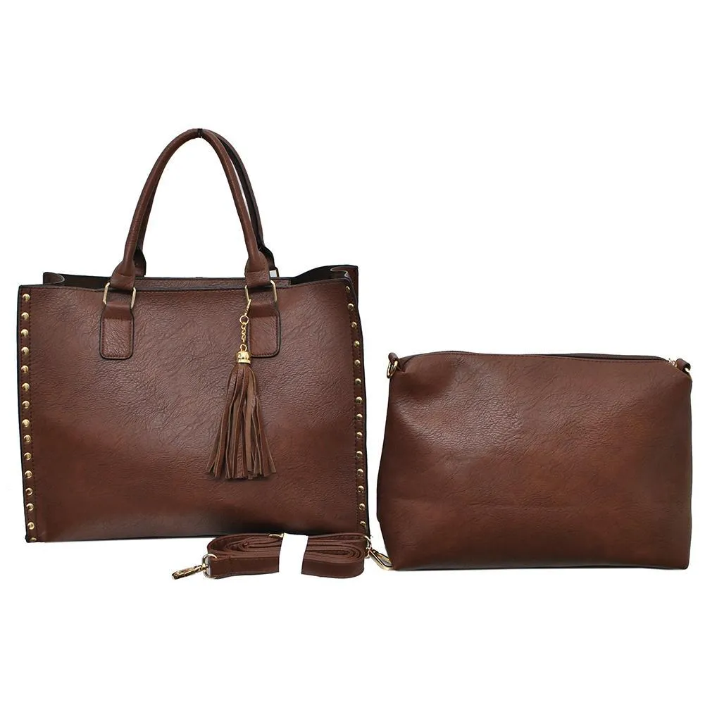 Brown NGIL Faux Leather 2-IN-1 Tassel Bag