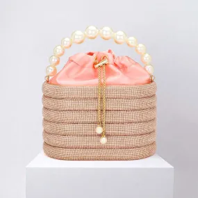 Champagne Bling Pearl Top Handle Drawstring Box Crossbody Bag