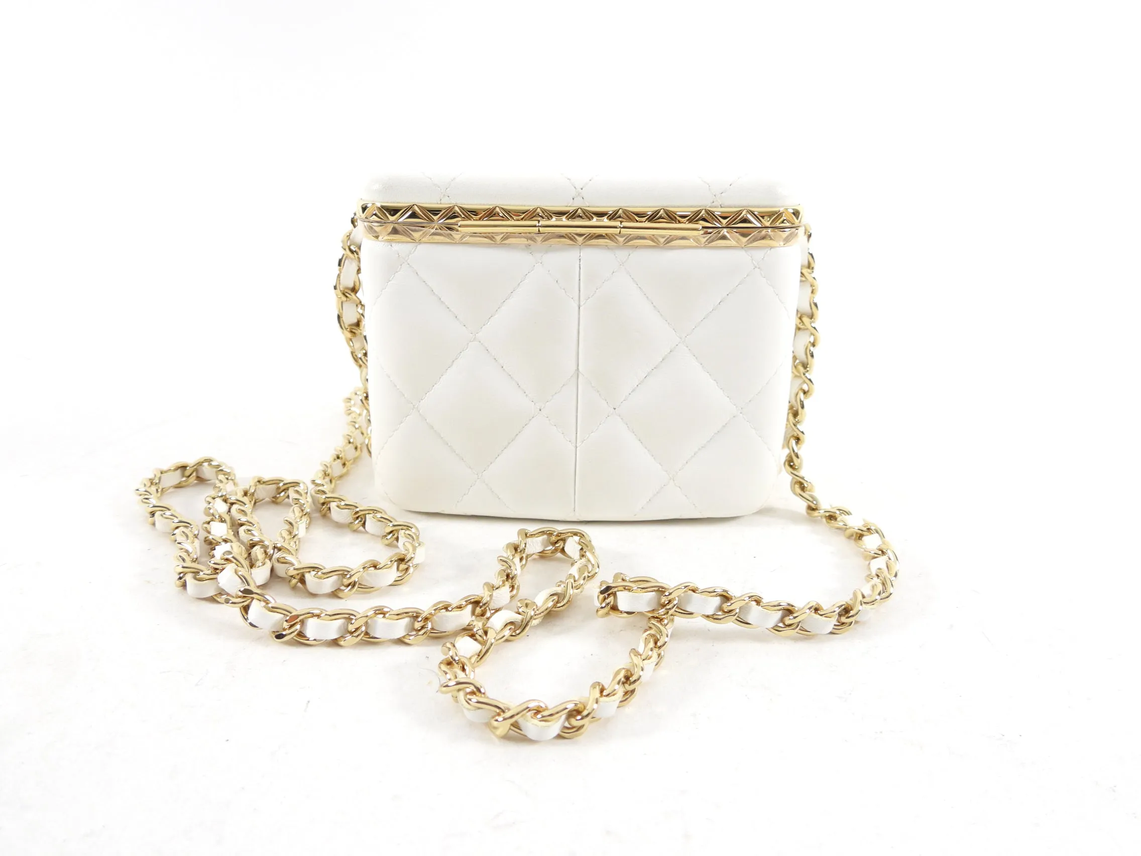 Chanel 22S White Lambskin Quilted Mini Box Chain Vanity Bag