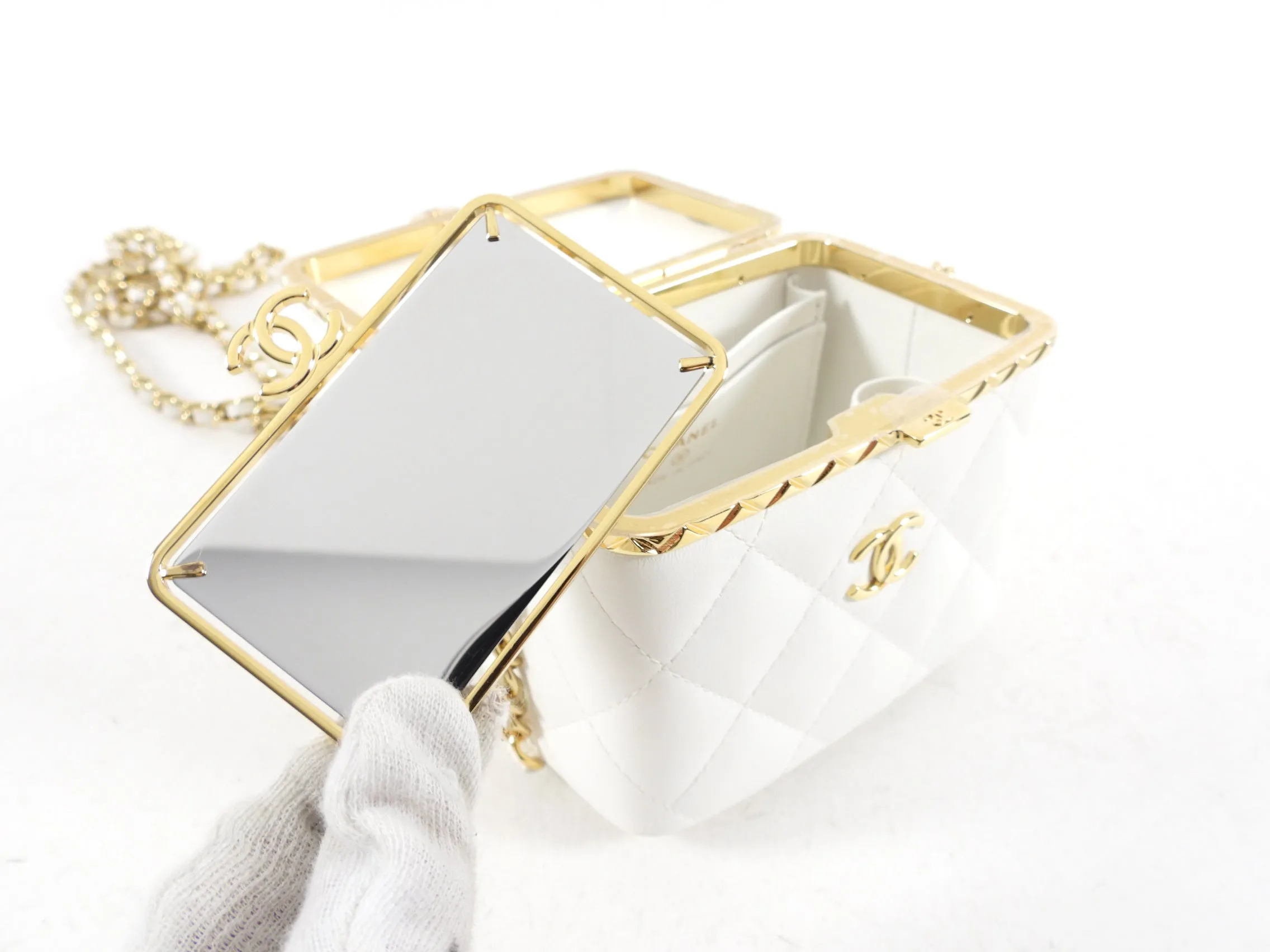 Chanel 22S White Lambskin Quilted Mini Box Chain Vanity Bag