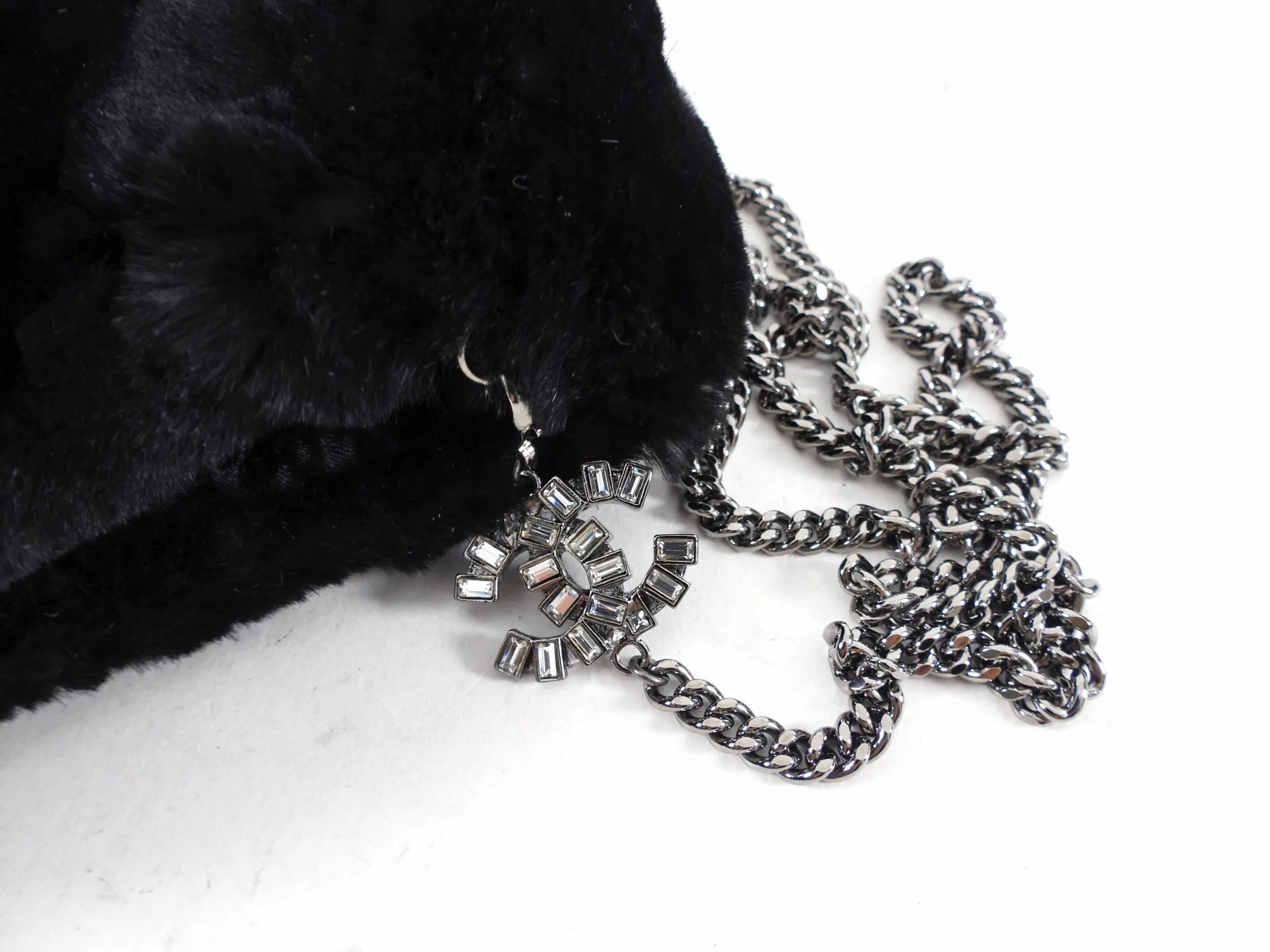 Chanel Black Fur Muff With Crystal CC Chain