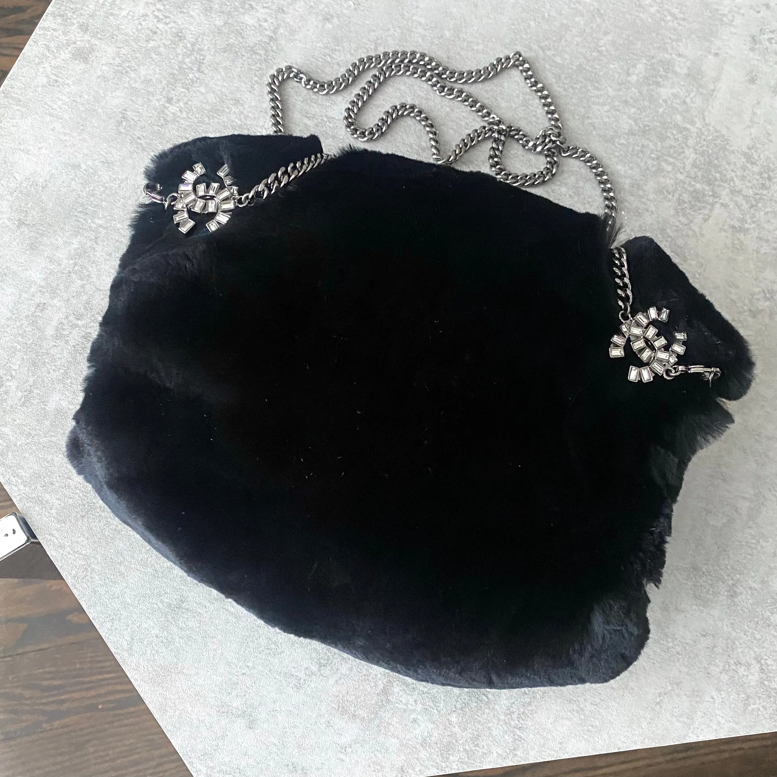 Chanel Black Fur Muff With Crystal CC Chain