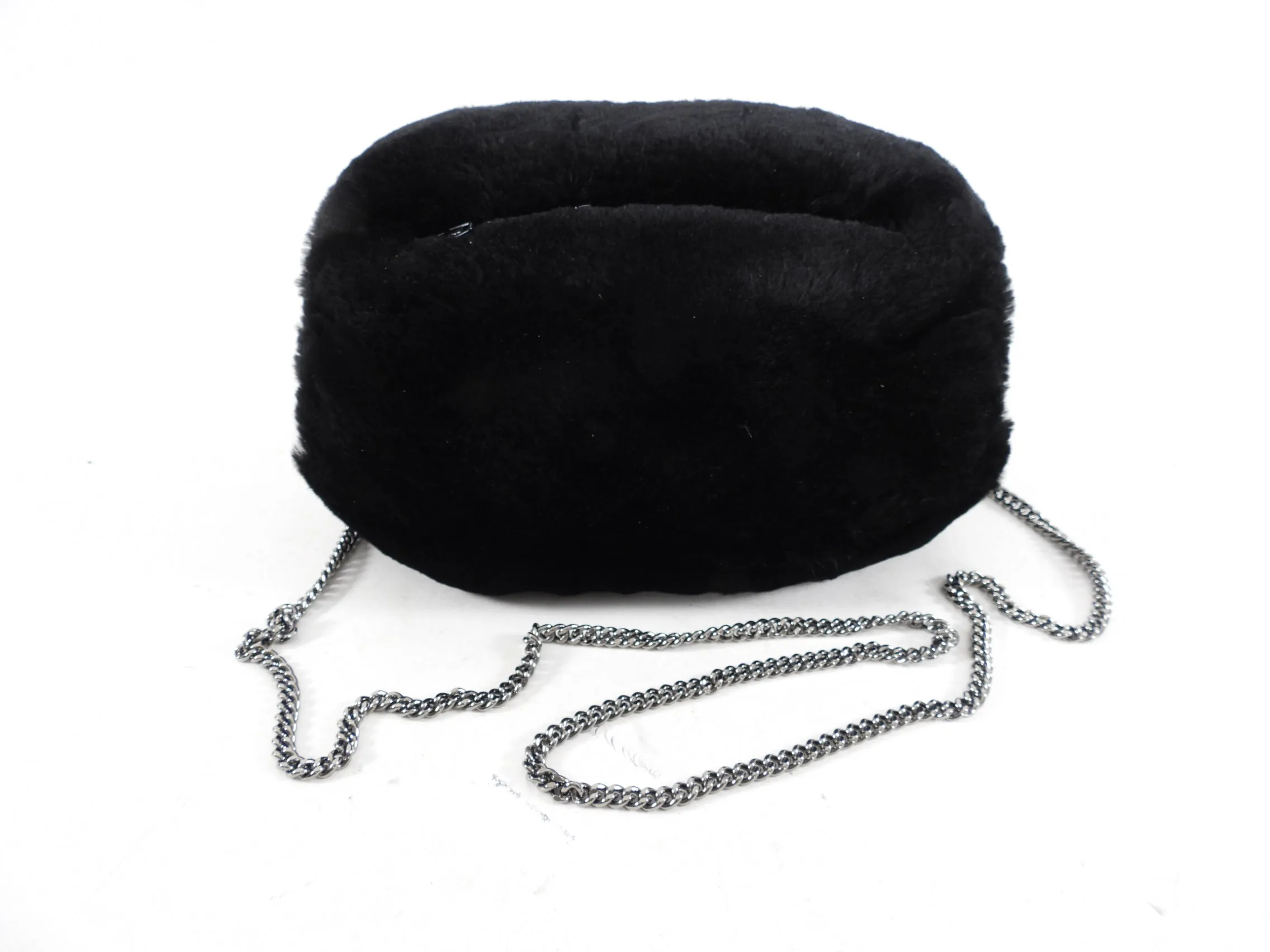 Chanel Black Fur Muff With Crystal CC Chain