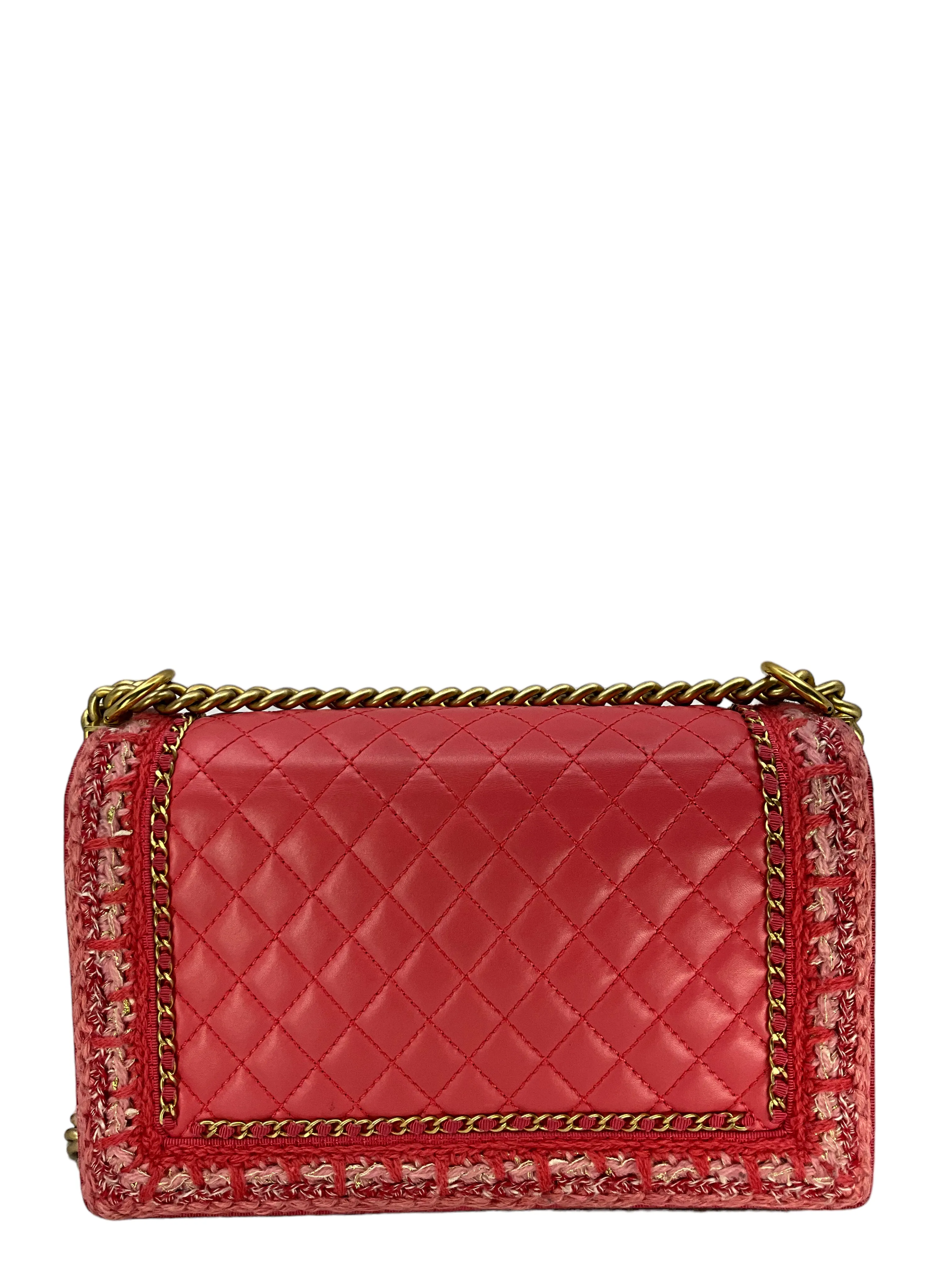 Chanel Pink Quilted Lambskin Boy Bag With Tweed Size M