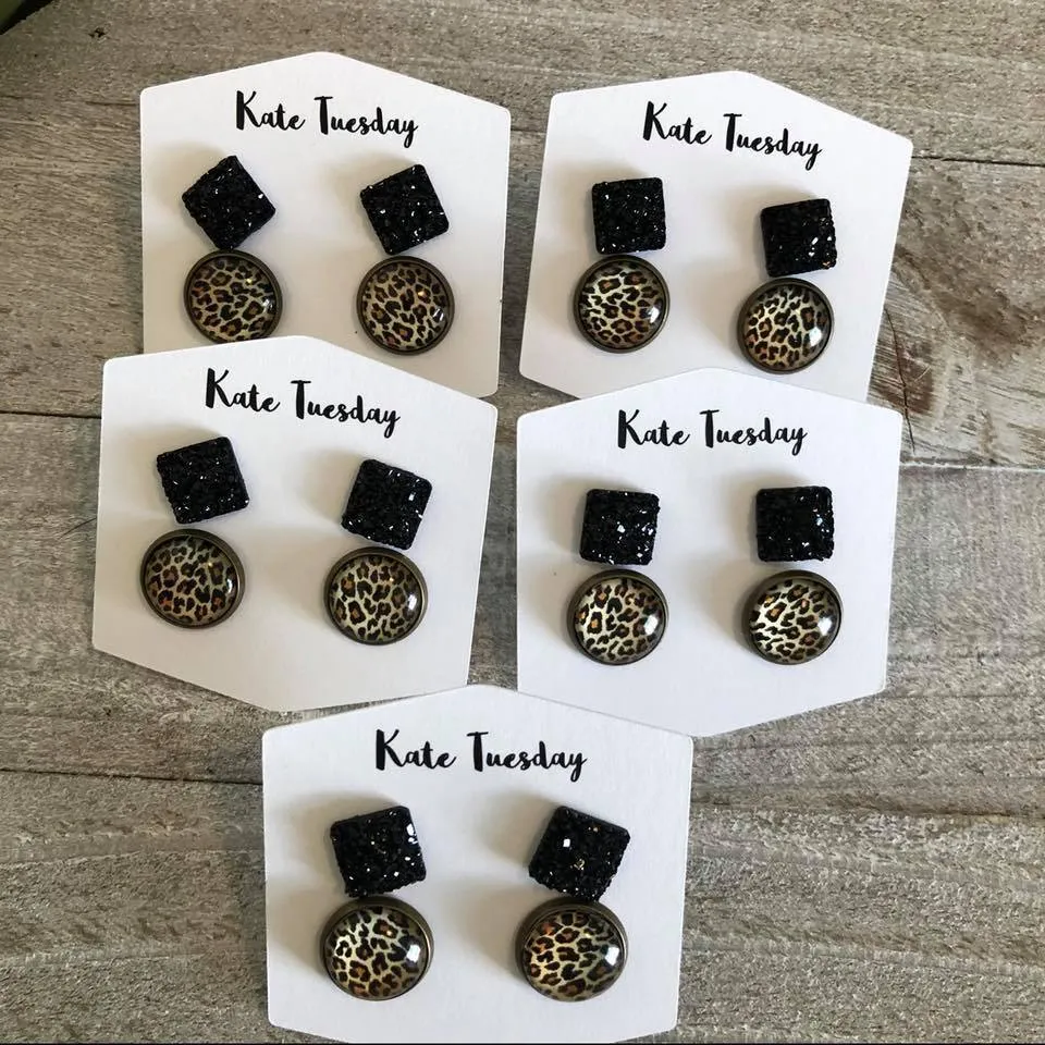 Cheetah Leopard Black Druzy Earrings Box Pack