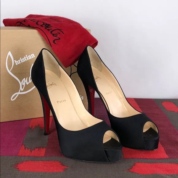 Christian Louboutin Black Satin Peep Toe Heels