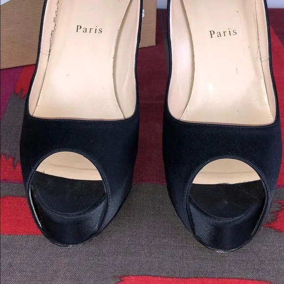 Christian Louboutin Black Satin Peep Toe Heels