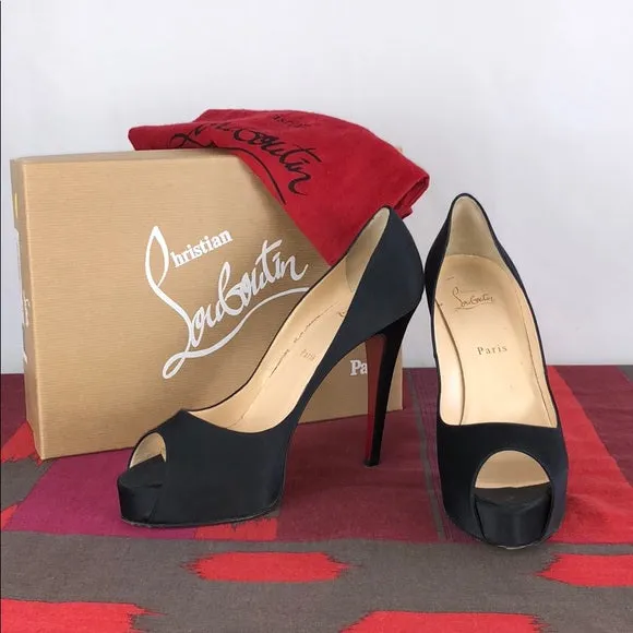 Christian Louboutin Black Satin Peep Toe Heels