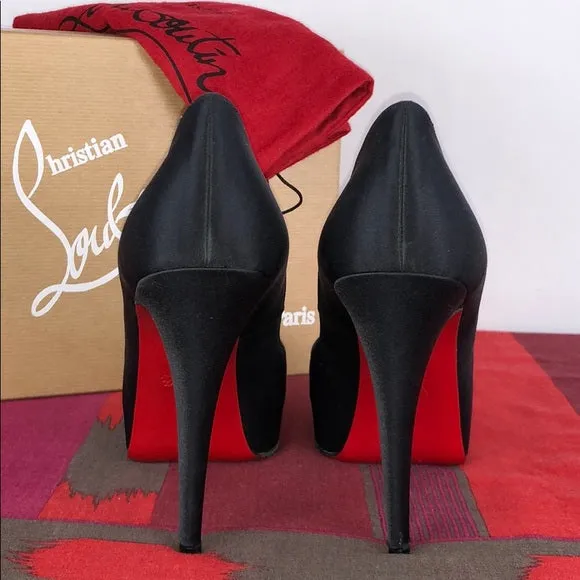 Christian Louboutin Black Satin Peep Toe Heels