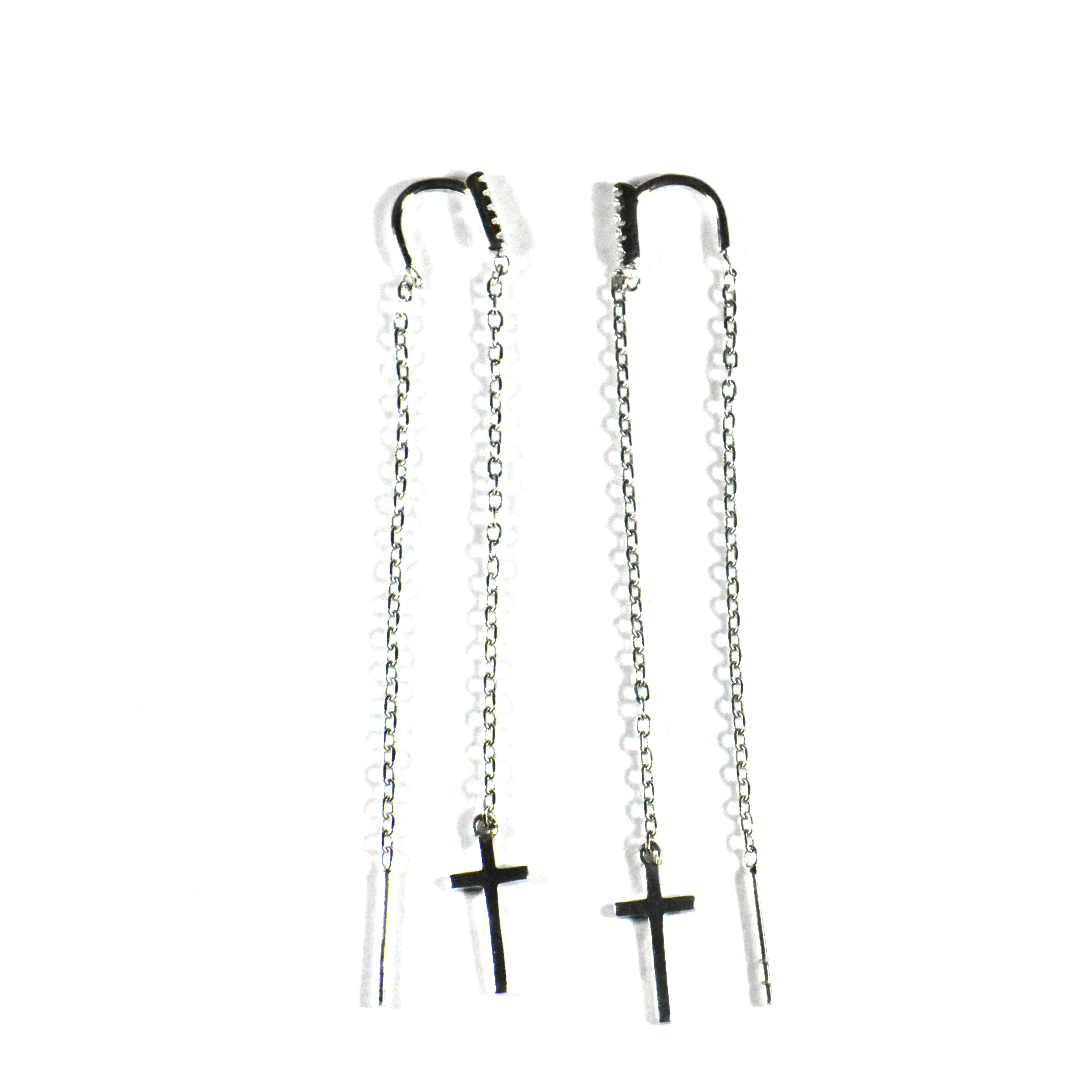 Cross & chain silver earring