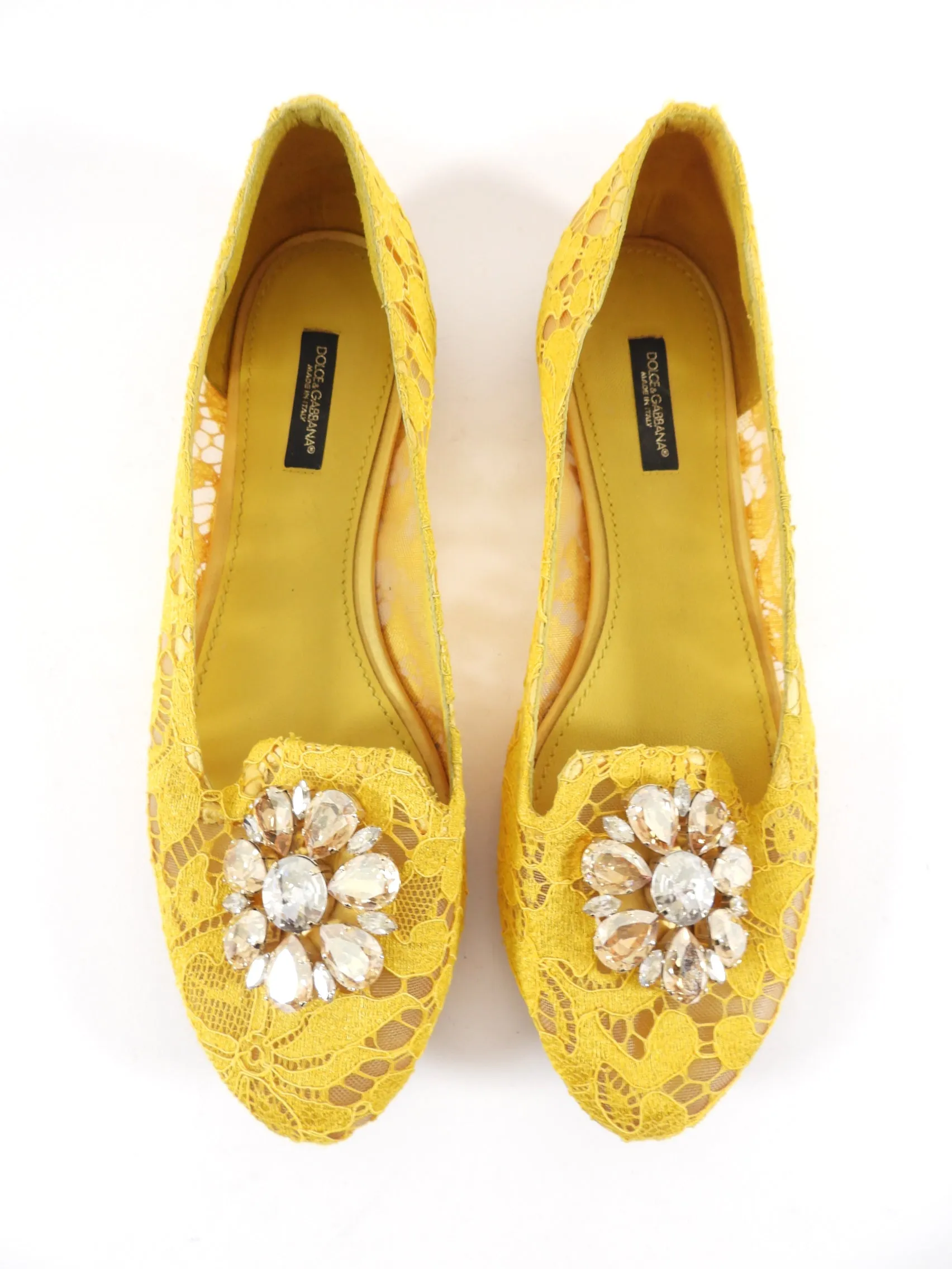 Dolce & Gabbana Yellow Crystal Jewel Lace Flat - 39.5