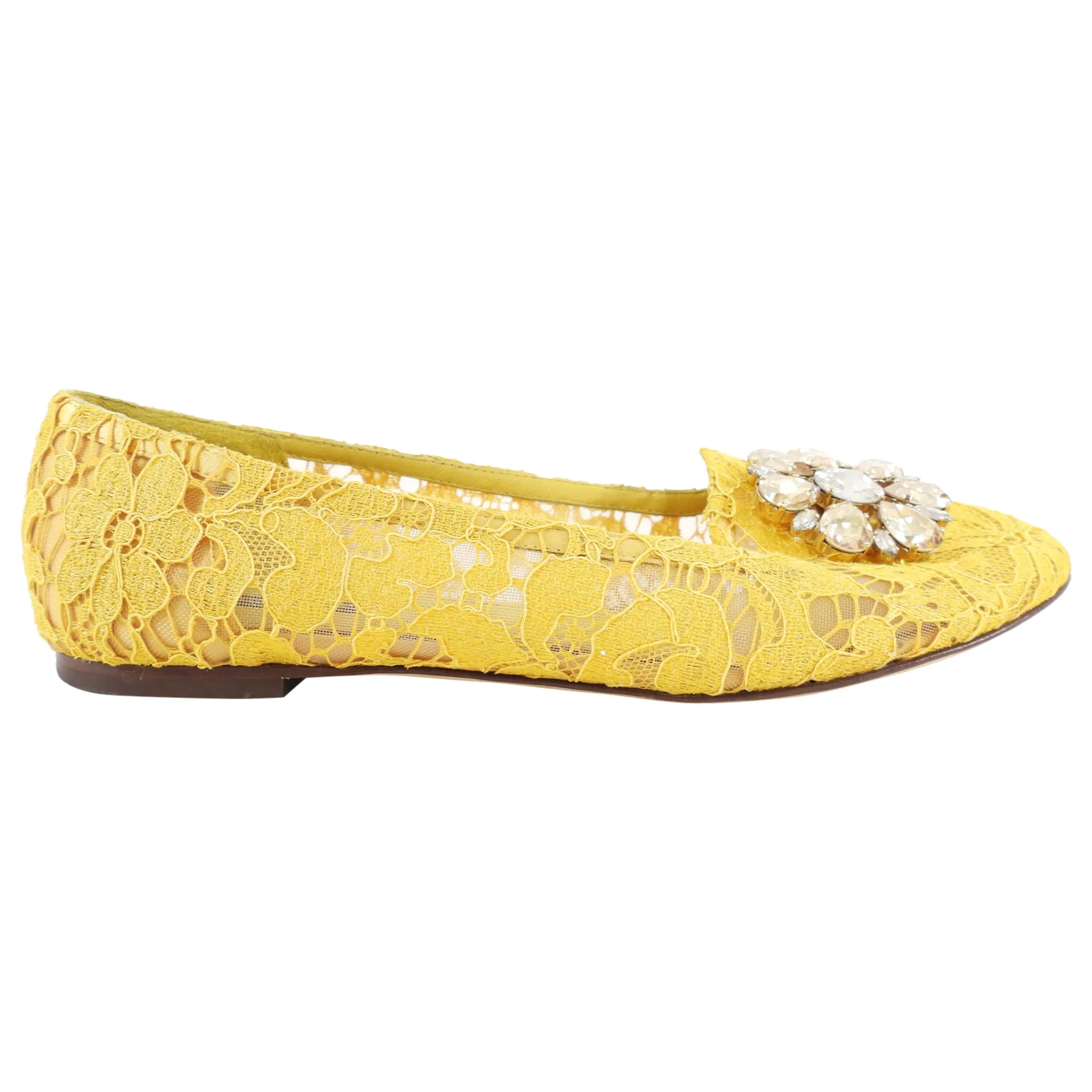 Dolce & Gabbana Yellow Crystal Jewel Lace Flat - 39.5