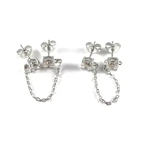 Double stone with chain silver studs earring