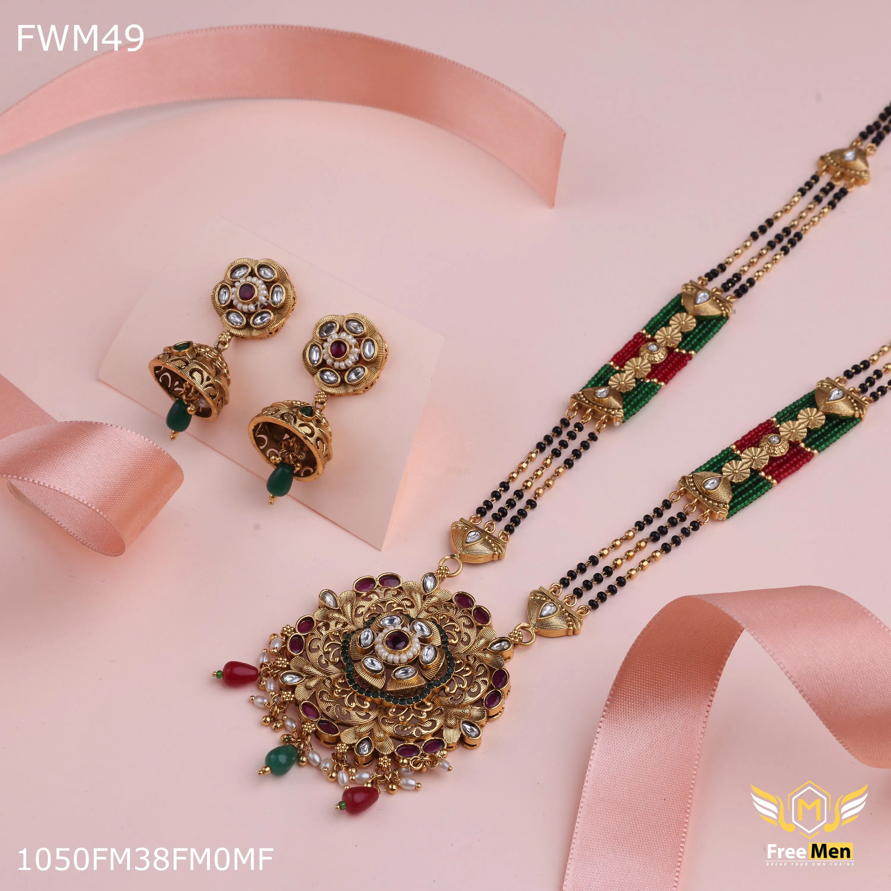 Freemen 1MG Rajwadi green colour moti Design mangalsutra With Earring for women - FWGM049