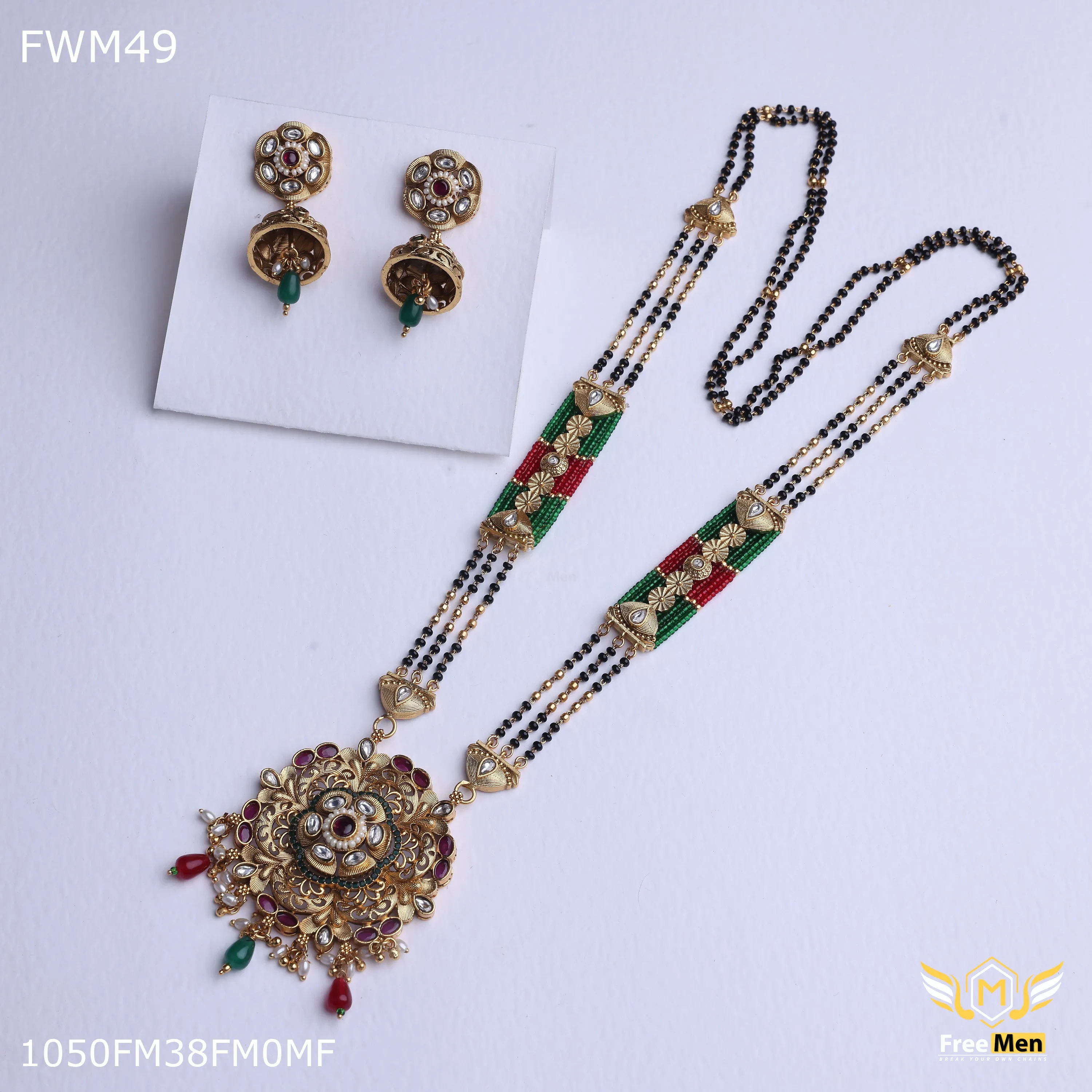 Freemen 1MG Rajwadi green colour moti Design mangalsutra With Earring for women - FWGM049