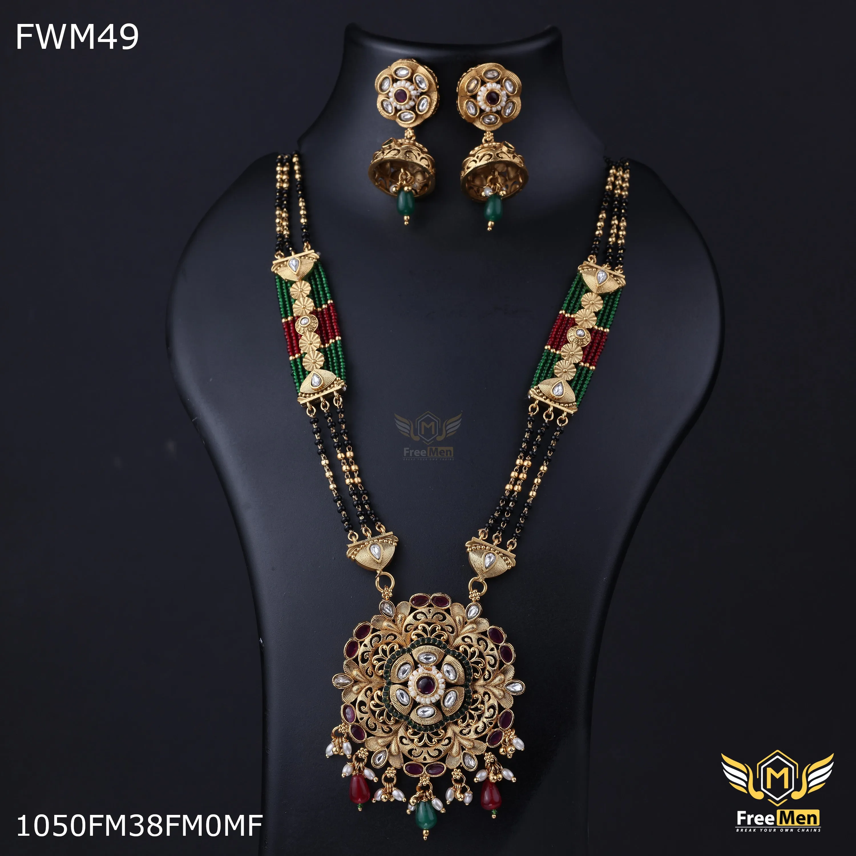 Freemen 1MG Rajwadi green colour moti Design mangalsutra With Earring for women - FWGM049