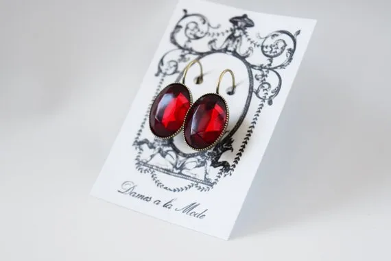 Garnet Crystal Mirror Back Earrings - Large Oval