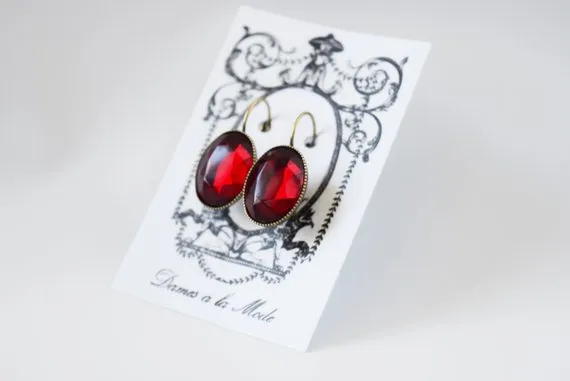 Garnet Crystal Mirror Back Earrings - Large Oval