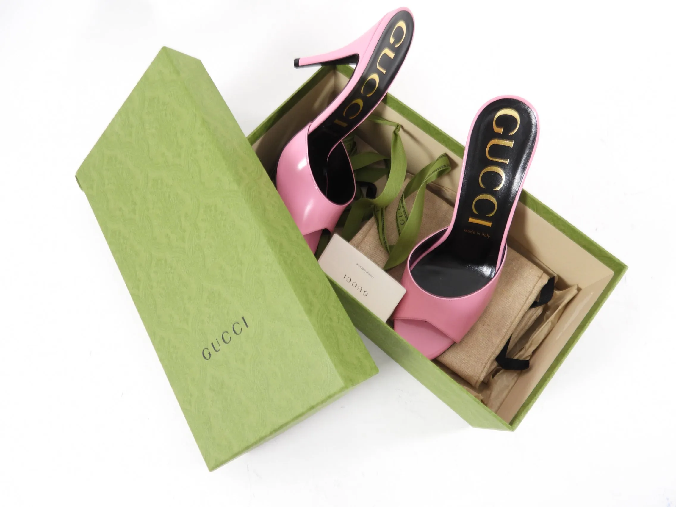 Gucci Scarlet Pink Polished Calfskin High Heel Mules - 39