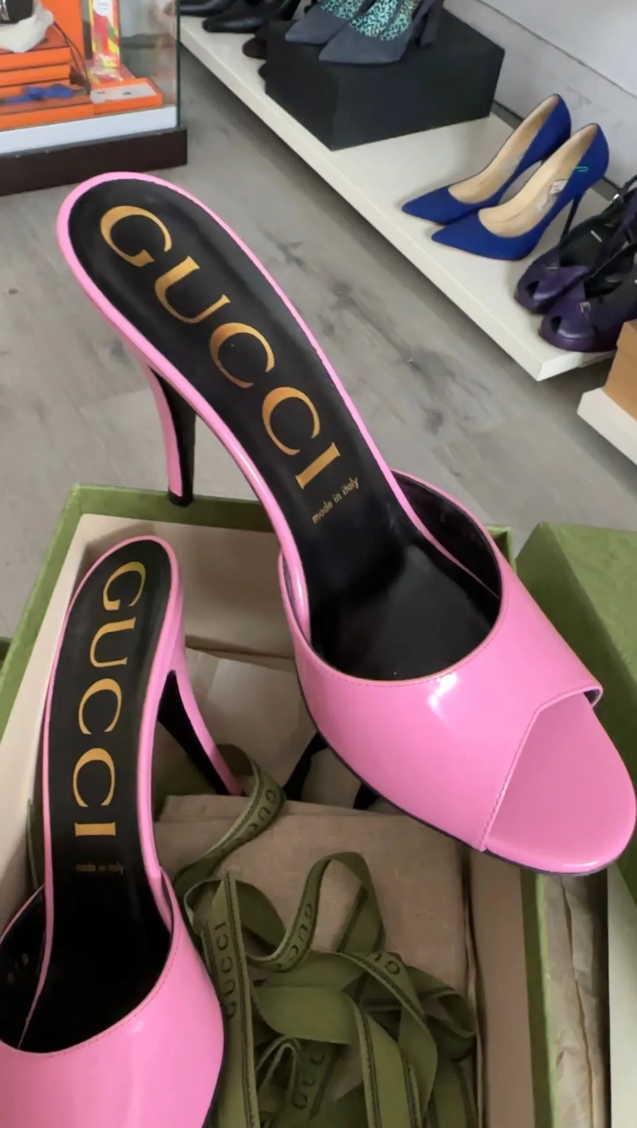 Gucci Scarlet Pink Polished Calfskin High Heel Mules - 39