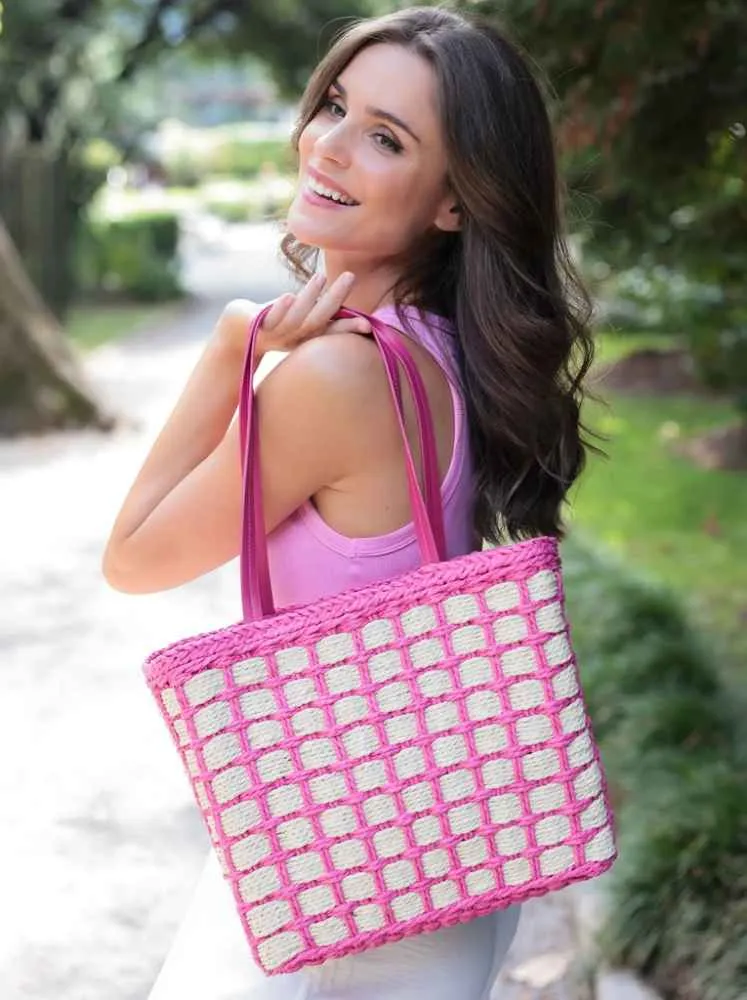 Hayley Woven Straw Tote, Pink