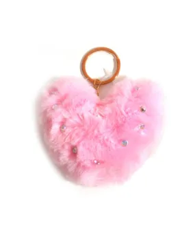 Heart  Rhinestones Pom Pom Keychain