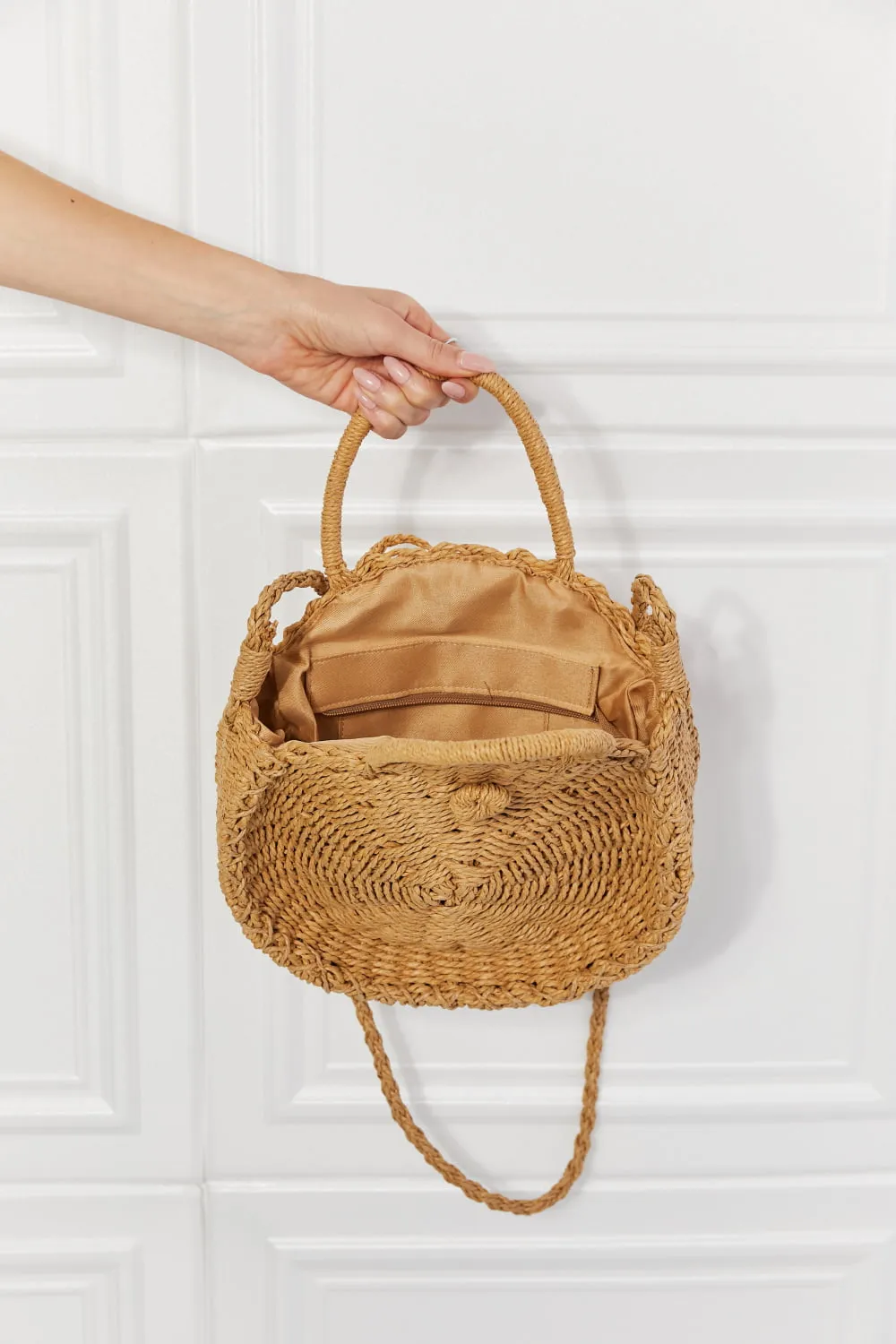 Justin Taylor Feeling Cute Rounded Rattan Handbag in Camel