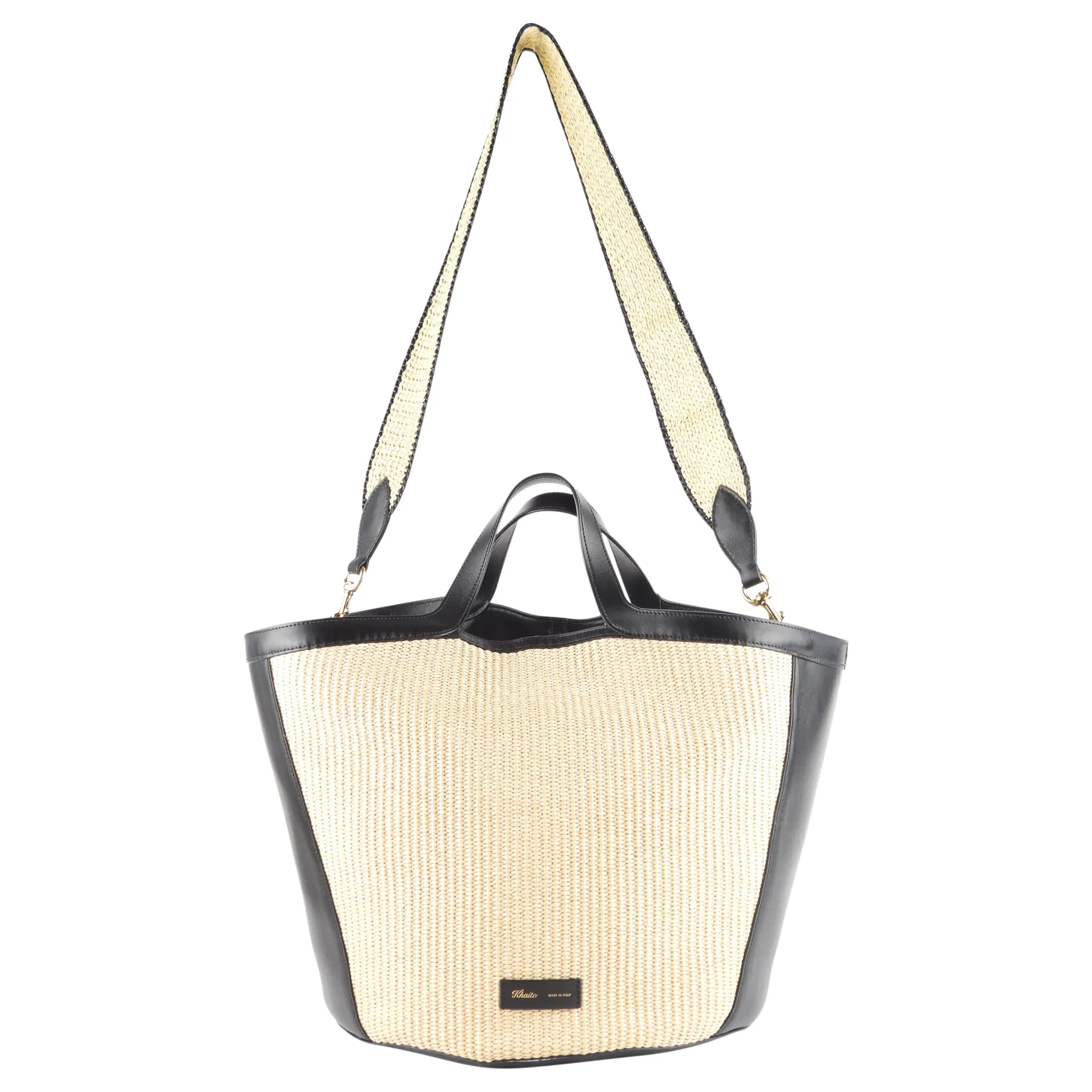 Khaite Large Nora Beige Raffia and Black Leather Two Way Tote