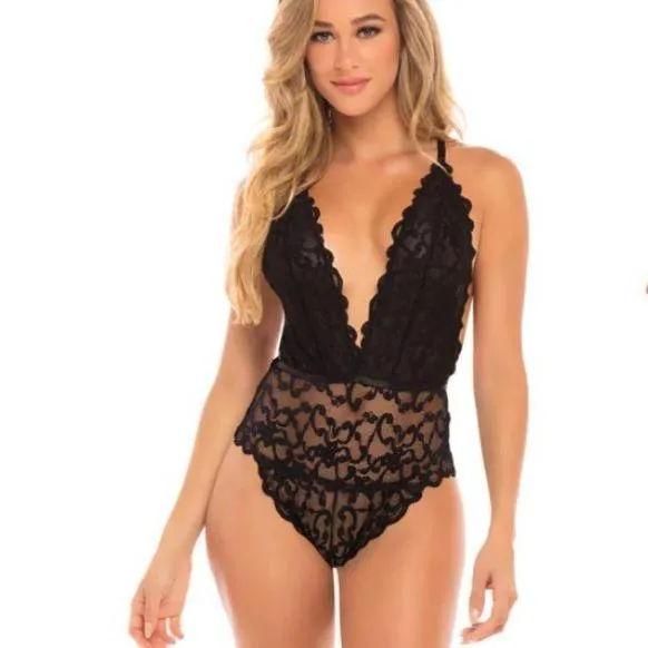 Oh La La Cheri Jeana High Leg Galloon Lace Teddy in Black 52-11156