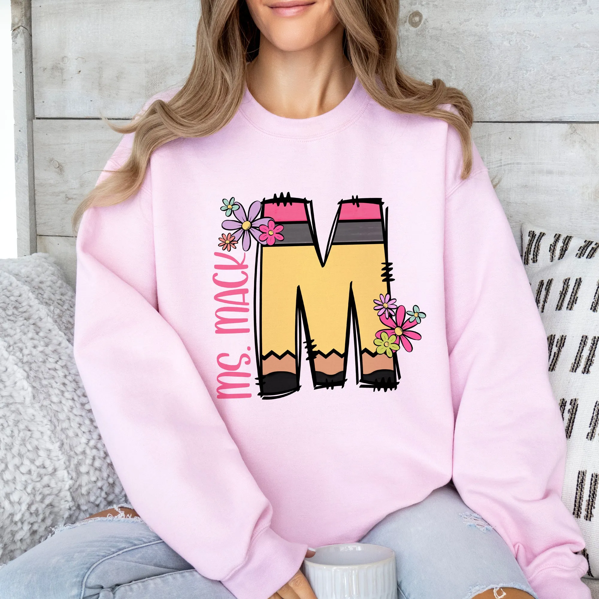 Pencil Letter (Flowers) - CREWNECK - Youth and Adult