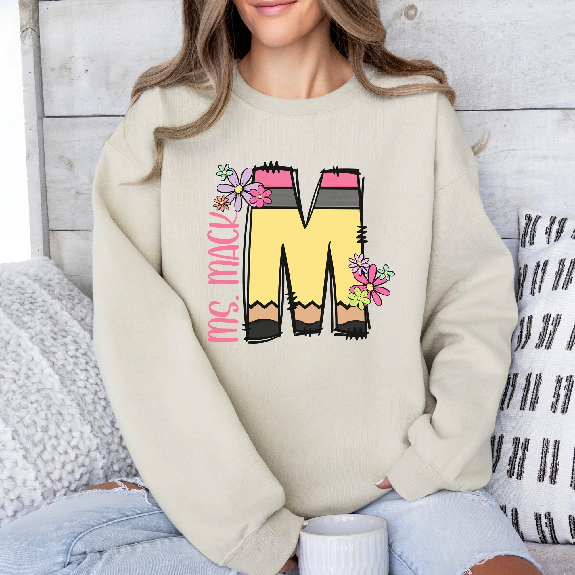 Pencil Letter (Flowers) - CREWNECK - Youth and Adult