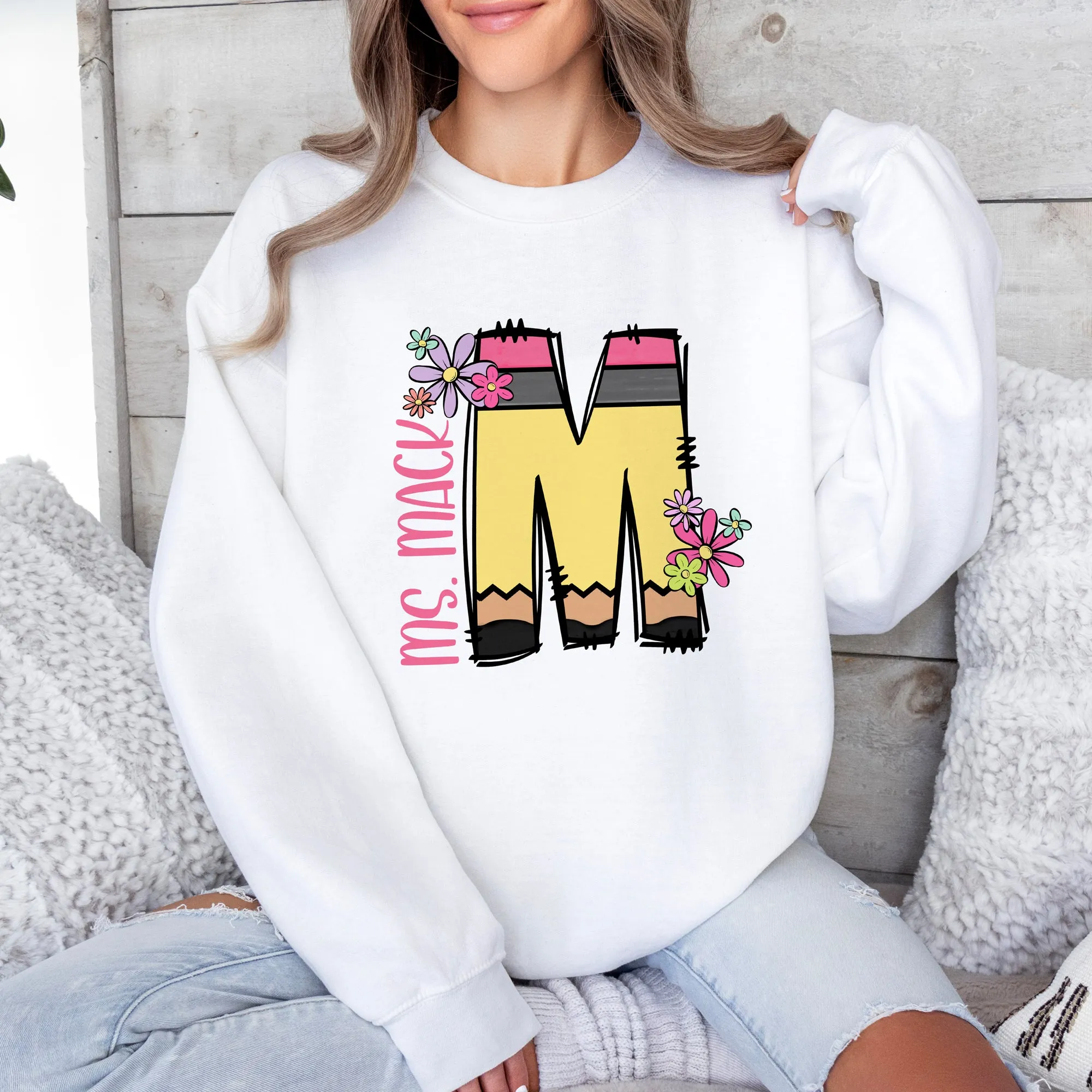 Pencil Letter (Flowers) - CREWNECK - Youth and Adult