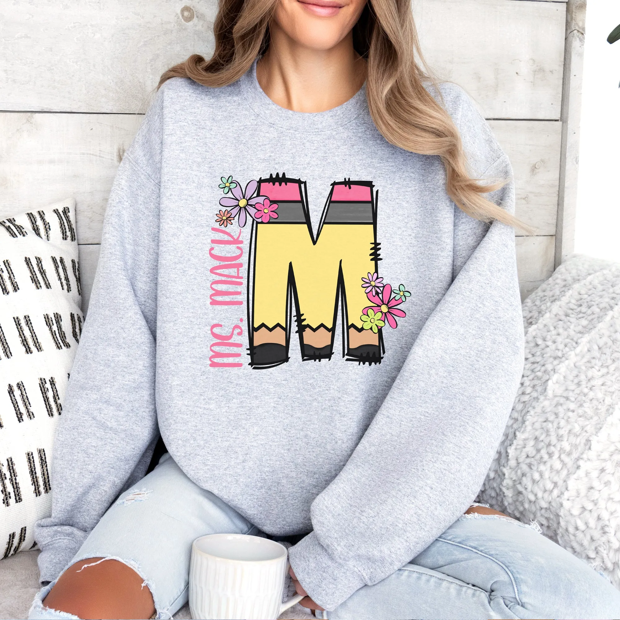 Pencil Letter (Flowers) - CREWNECK - Youth and Adult