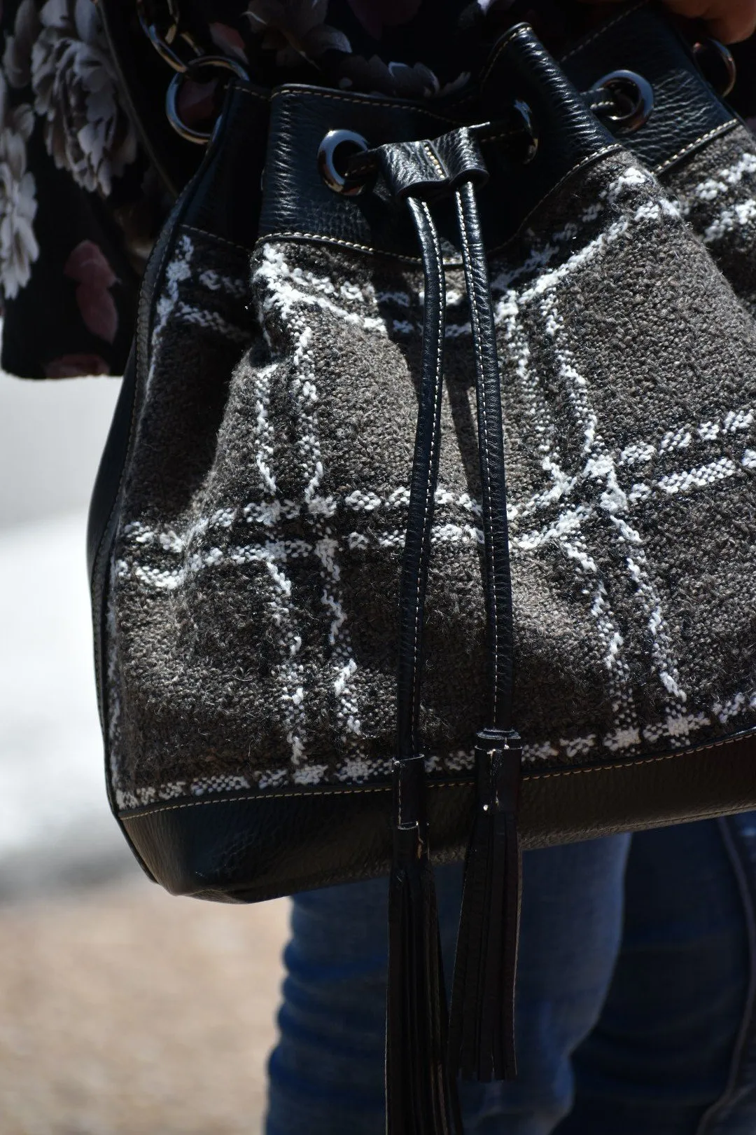 Plaid Vegan Leather Bucket Bag