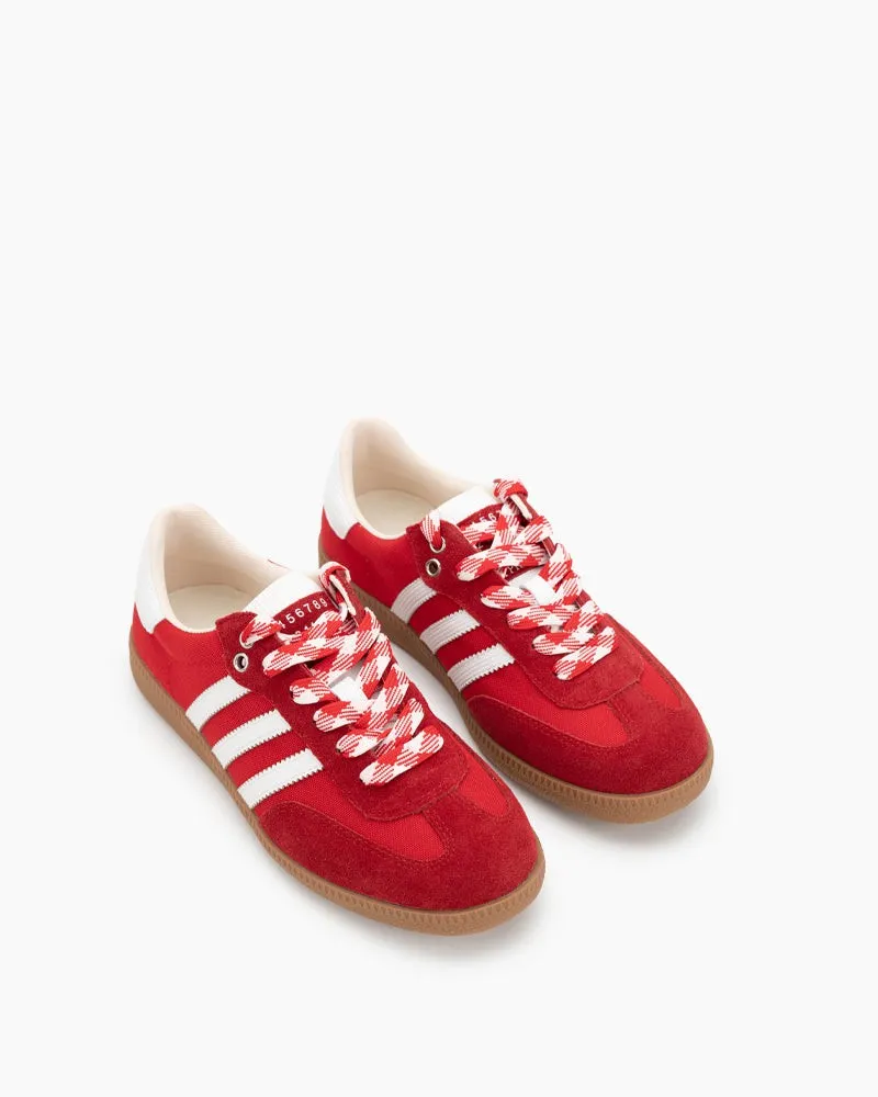 Red and White Suede Leather Flat Sneakers