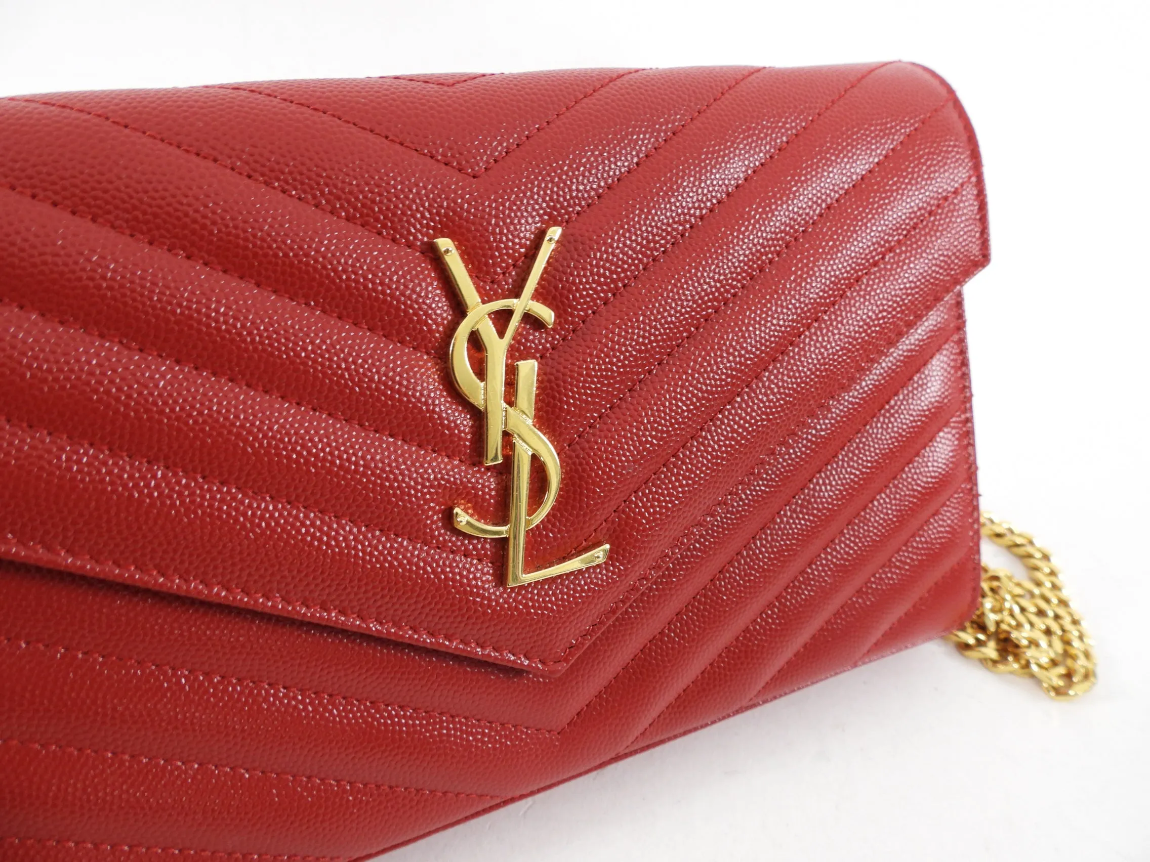 Saint Laurent Red Chevron Small Kate Wallet on Chain Bag