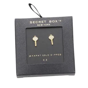 Secret Box 14K Gold Dipped CZ Key Stud Earrings