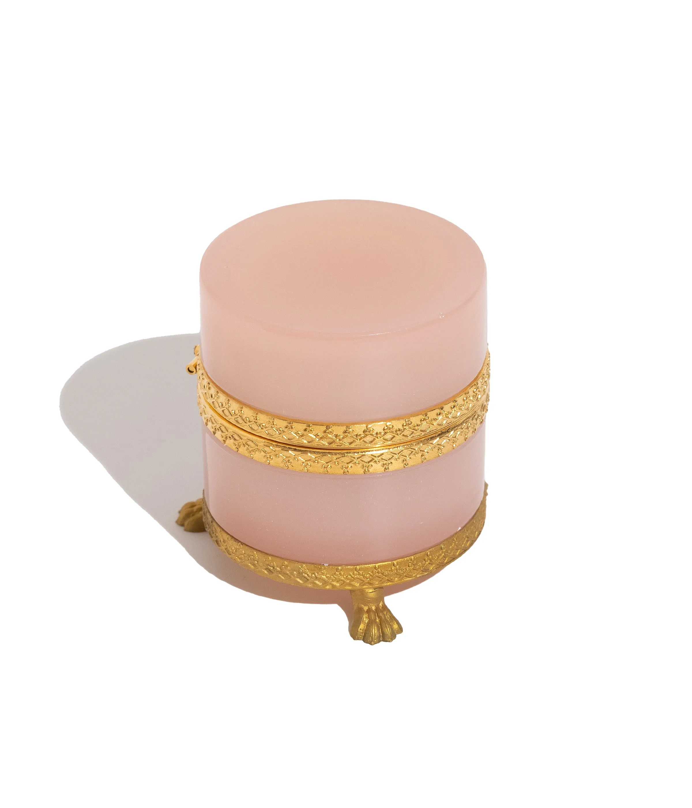 Small Round Pink Clawfoot Opaline Glass Box