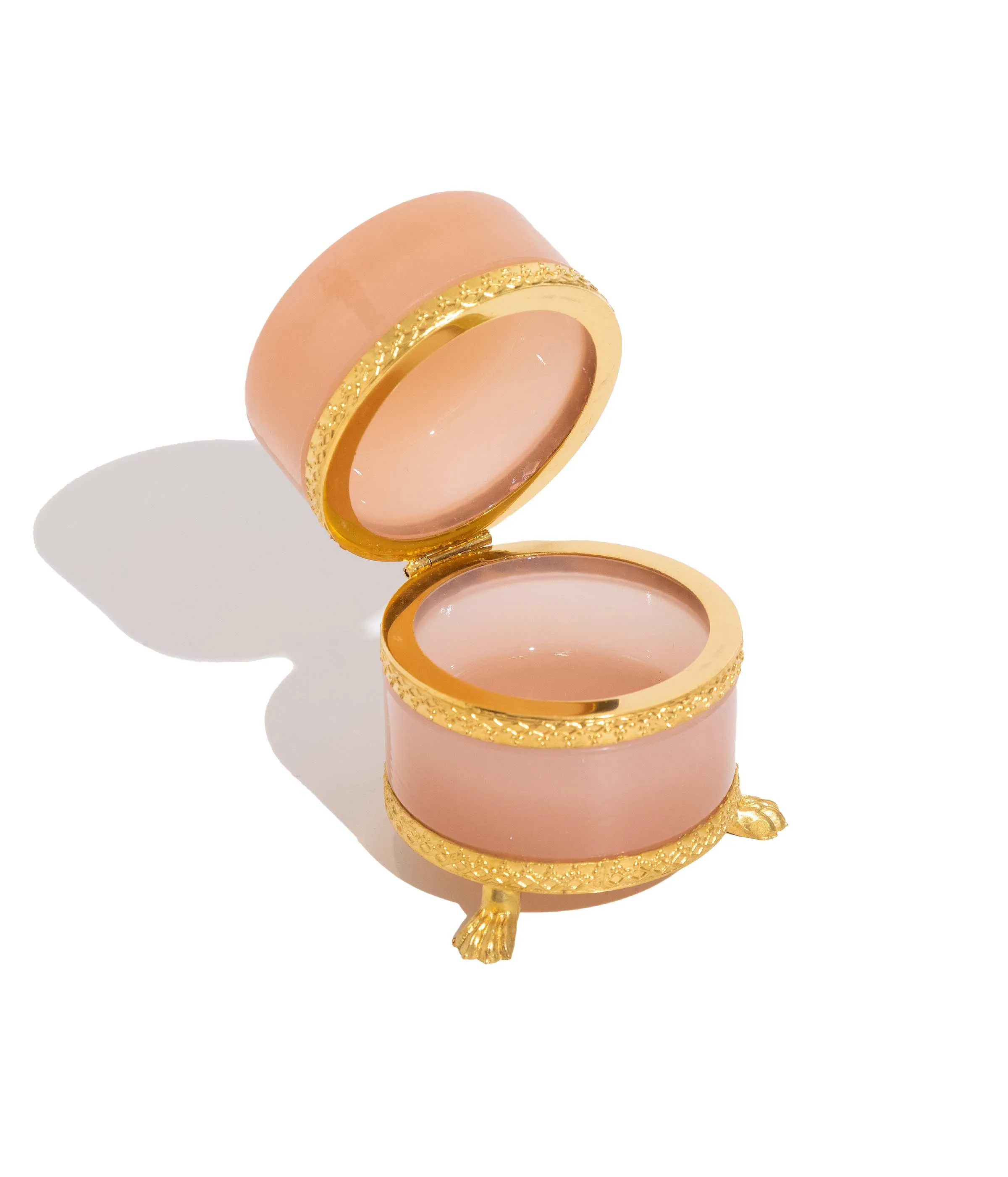 Small Round Pink Clawfoot Opaline Glass Box