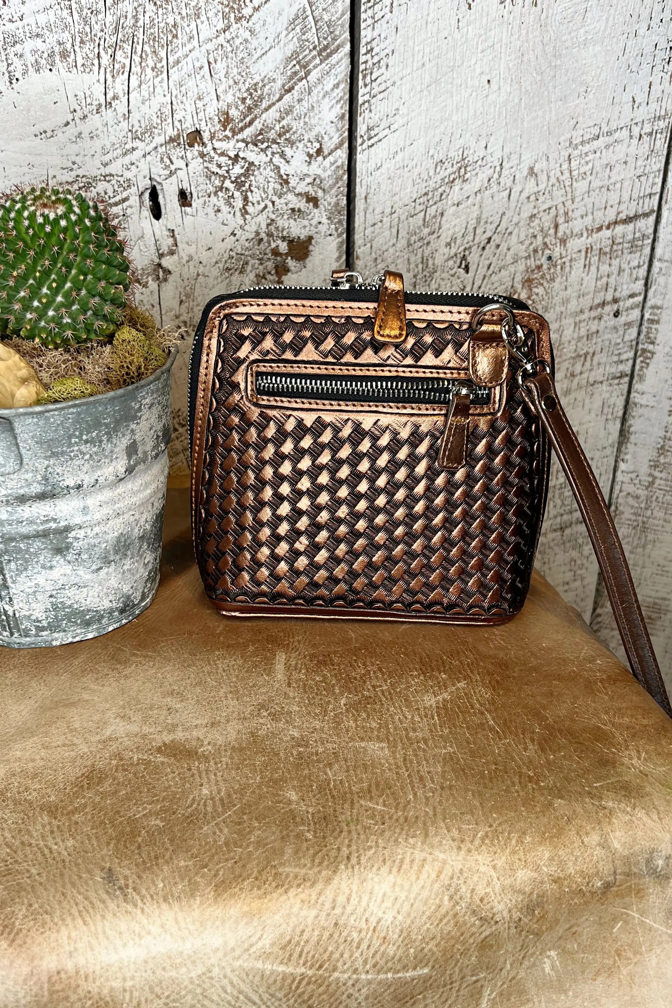 The Catalina Tooled Leather Crossbody in Bronze